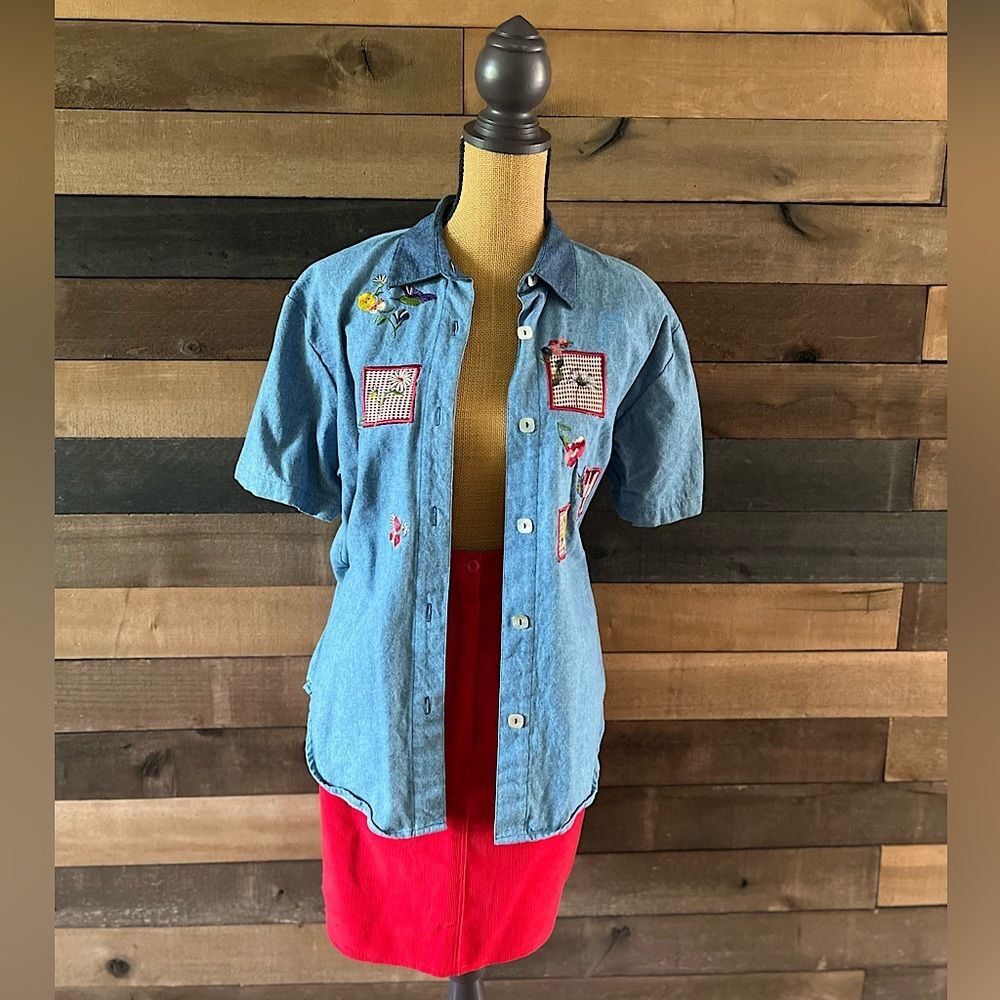 90s Vintage Teddi Blue Cotton Short Sleeves Patchwork Collared Button Up Shirt